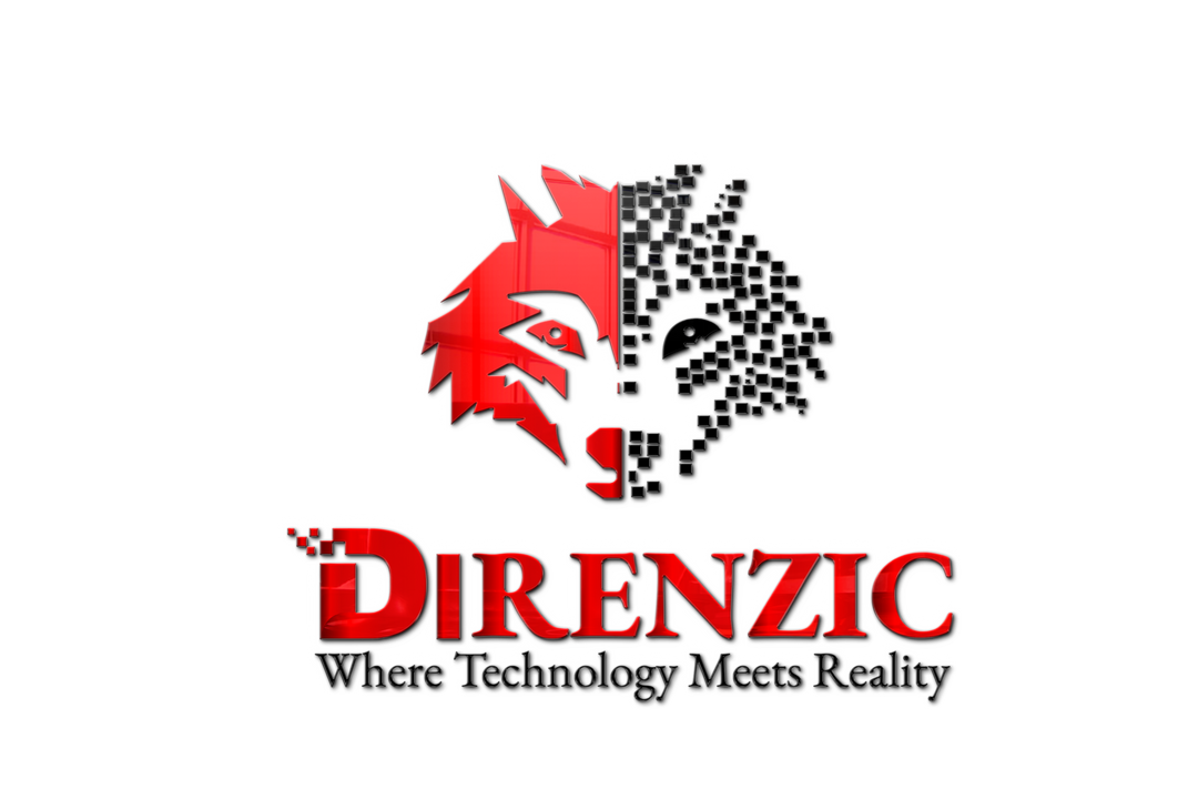 Direnzic Technology's logo. A wolf's face: the left side of the face is solid red and the right side of the wolf's face is pixelated in solid black.